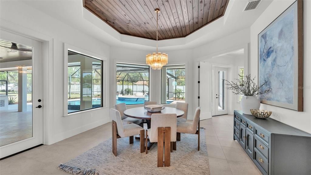 Chandelier, Dining room, Interior, Wooden Ceilings