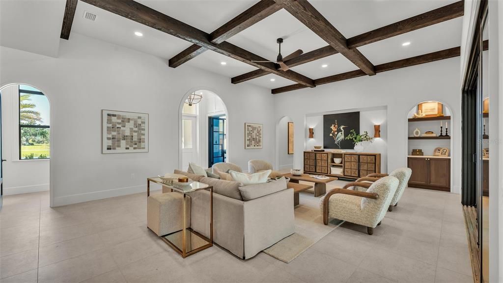 Interior, Living room, Recessed Lighting, Wooden Beams