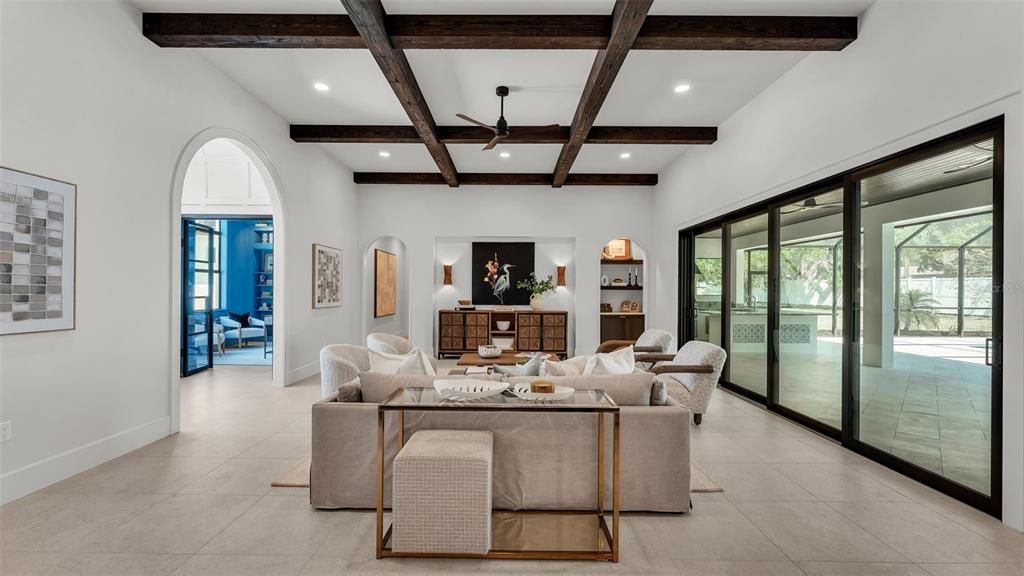 Dining room, Interior, Living room, Recessed Lighting, Wooden Beams