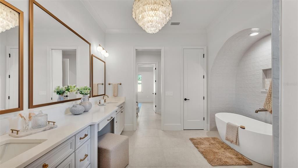 Bathroom, Chandelier, Dual Sink Vanities, Free Standing Baths, Interior, Recessed Lighting