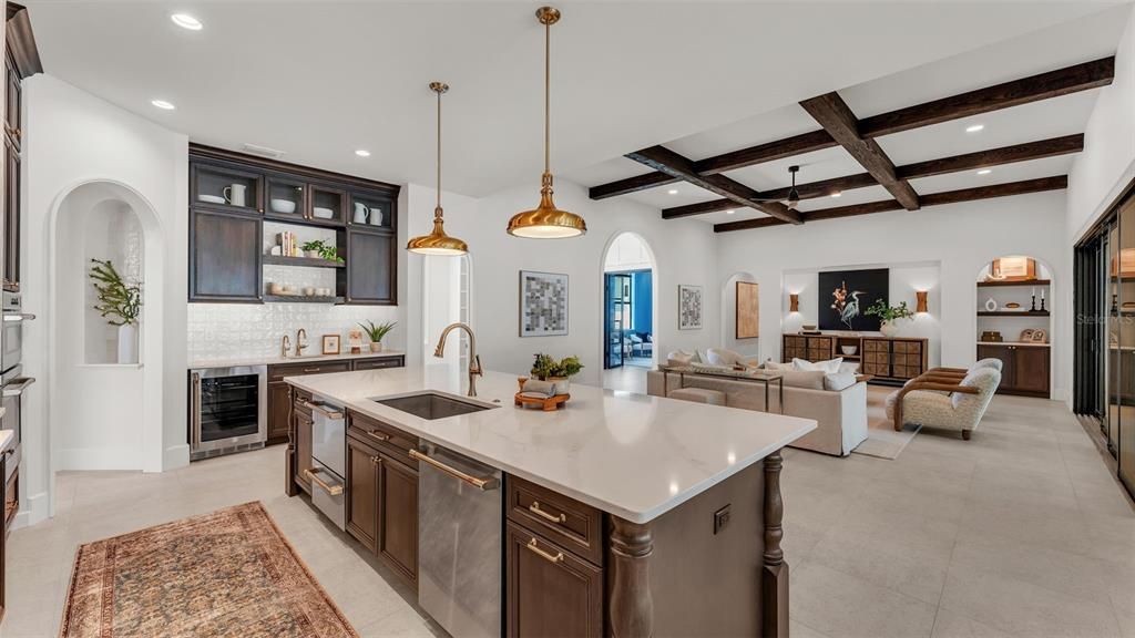 Fireplace, Interior, Kitchen, Living room, Pendant Lights, Recessed Lighting, Stainless Steel Appliances, Wooden Beams