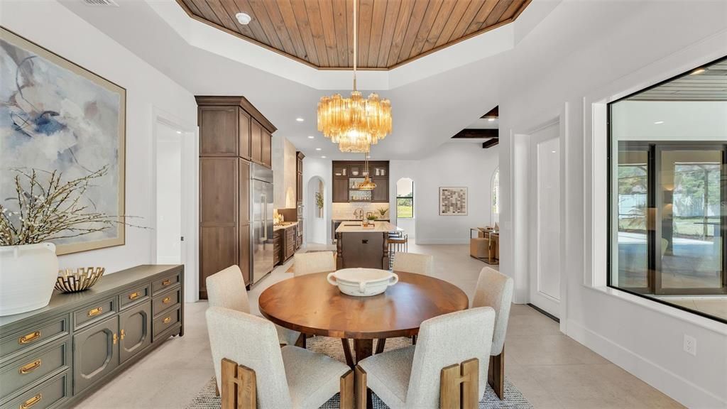 Chandelier, Dining room, Interior, Kitchen, Pendant Lights, Recessed Lighting, Wooden Ceilings