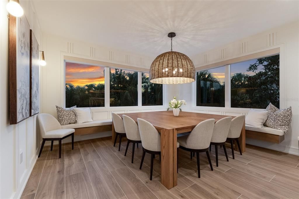 Dining room, Interior, Pendant Lights, Wood Texture Flooring