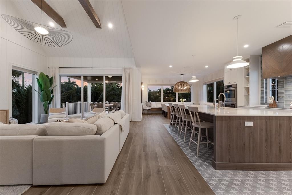 Dining room, Interior, Kitchen, Living room, Pendant Lights, Recessed Lighting, Stainless Steel Appliances, Wood Texture Flooring