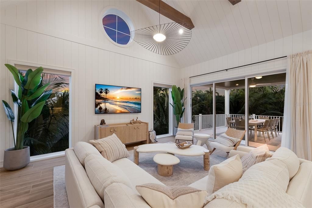 Dining room, Interior, Living room, Pendant Lights, Wooden Beams, Wood Texture Flooring
