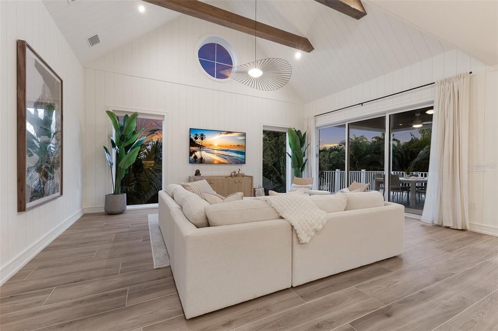 Interior, Living room, Pendant Lights, Recessed Lighting, Wooden Beams, Wood Texture Flooring