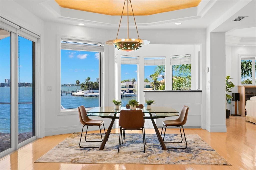 Dining room, Interior, Pendant Lights, Recessed Lighting, Water, Wood Texture Flooring