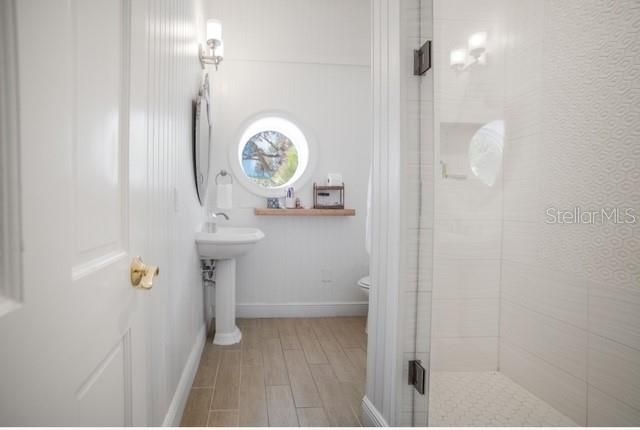 Bathroom, Glass Shower, Interior, Wood Texture Flooring