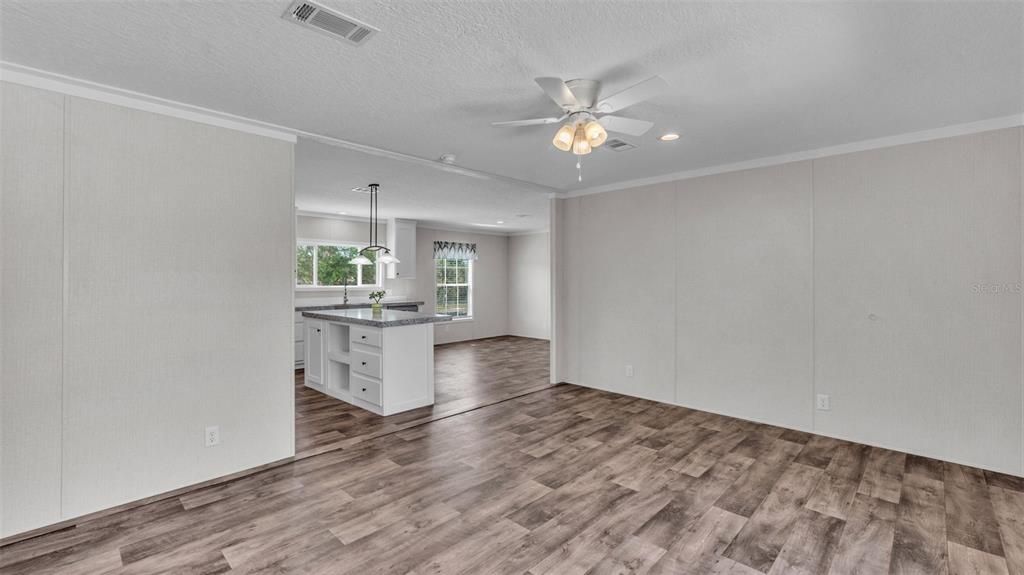 Empty room, Interior, Kitchen, Pendant Lights, Recessed Lighting, Wood Texture Flooring