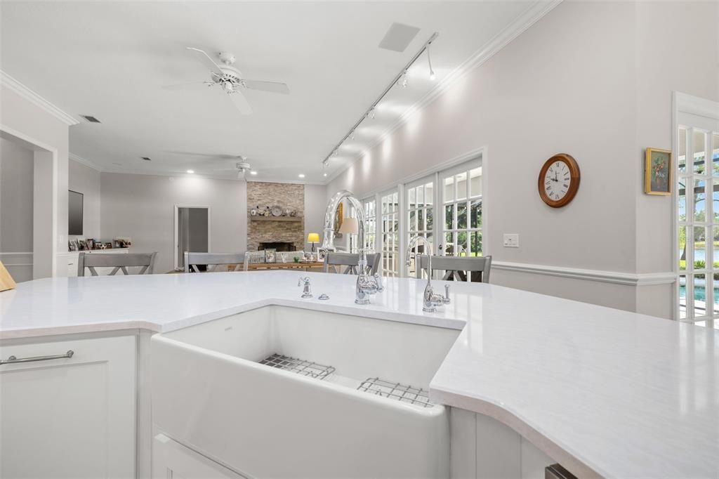 Dining room, Fireplace, Interior, Kitchen, Recessed Lighting, Stone Walls