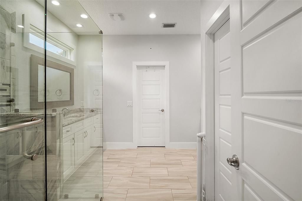 Bathroom, Dual Sink Vanities, Glass Shower, Interior, Recessed Lighting