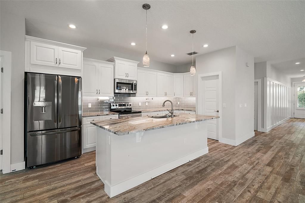 Interior, Kitchen, Pendant Lights, Recessed Lighting, Stainless Steel Appliances, Wood Texture Flooring