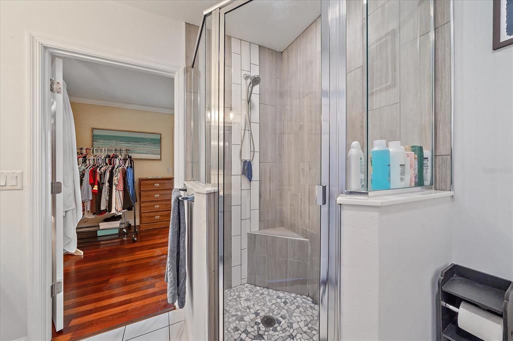 Bathroom, Glass Shower, Interior, Walk-in Closets, Wood Texture Flooring