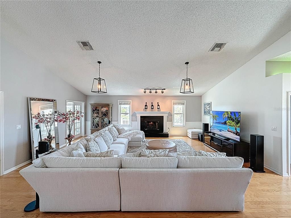 Fireplace, Interior, Living room, Pendant Lights, Wood Texture Flooring