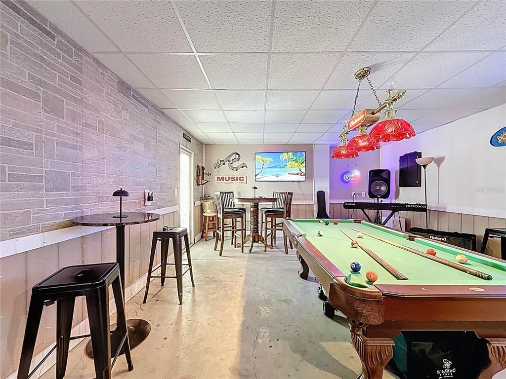 Billiard Table, Game Room, Interior, Pendant Lights, Stone Walls