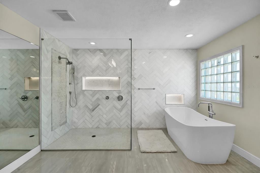 Bathroom, Free Standing Baths, Glass Shower, Interior, Recessed Lighting, Wood Texture Flooring