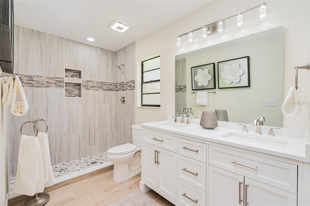 Bathroom, Dual Sink Vanities, Interior, Recessed Lighting, Wood Texture Flooring
