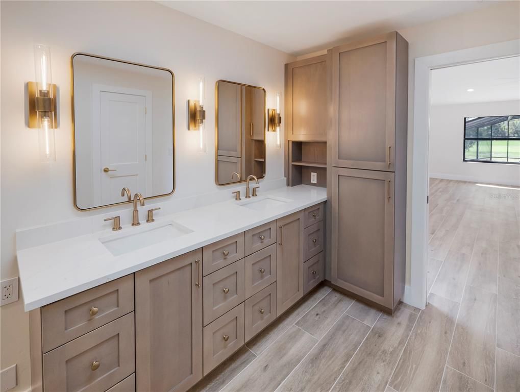 Bathroom, Dual Sink Vanities, Interior, Recessed Lighting, Wood Texture Flooring