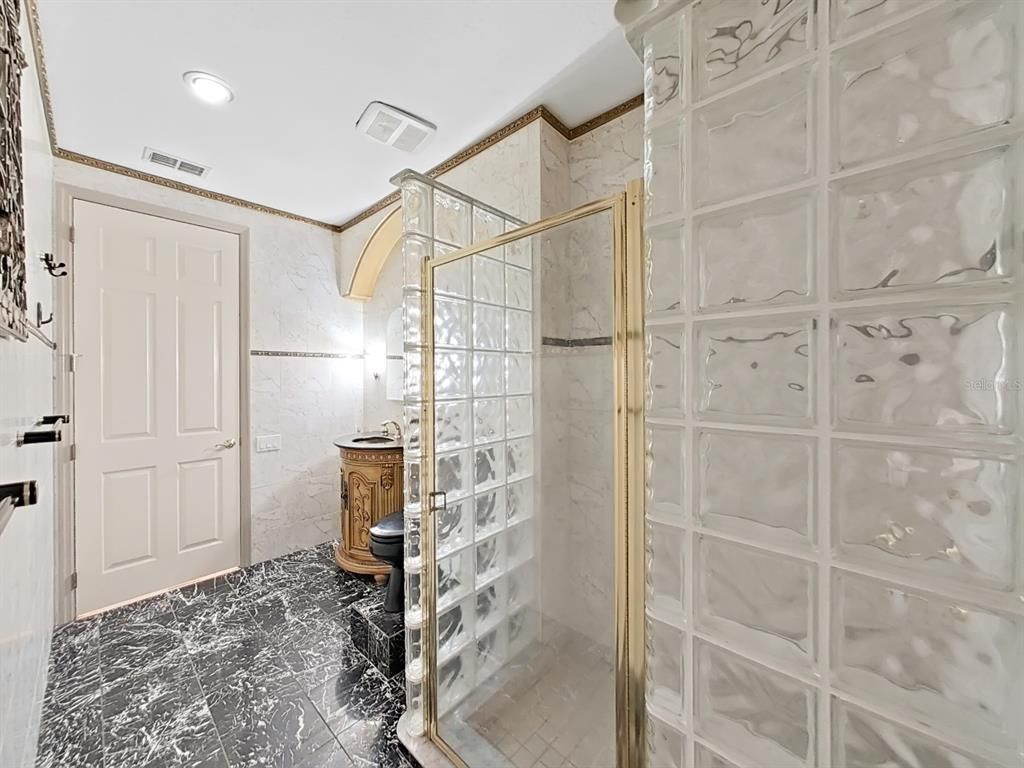 Bathroom, Glass Shower, Interior, Marble, Recessed Lighting