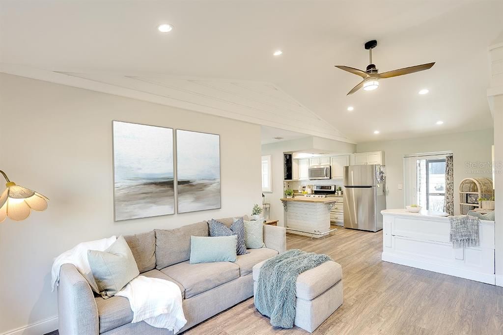 Interior, Kitchen, Living room, Recessed Lighting, Stainless Steel Appliances, Wood Texture Flooring