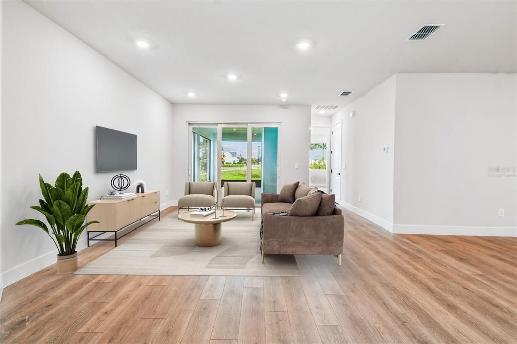 Interior, Living room, Recessed Lighting, Wood Texture Flooring