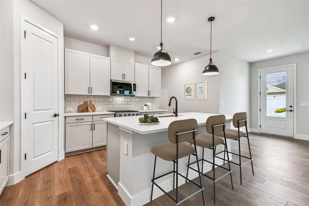 Interior, Kitchen, Pendant Lights, Recessed Lighting, Wood Texture Flooring