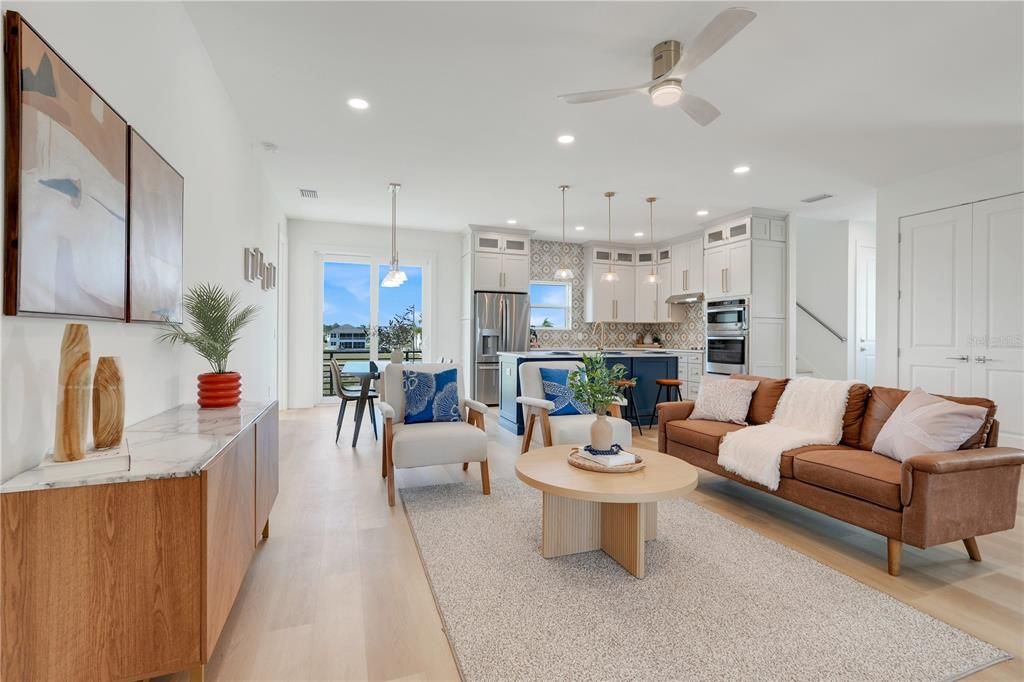 Interior, Kitchen, Living room, Pendant Lights, Recessed Lighting, Stainless Steel Appliances, Wood Texture Flooring