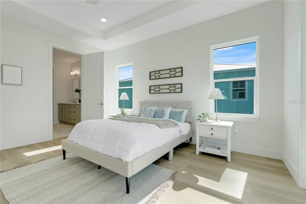 Bedroom, Interior, Recessed Lighting, Wood Texture Flooring