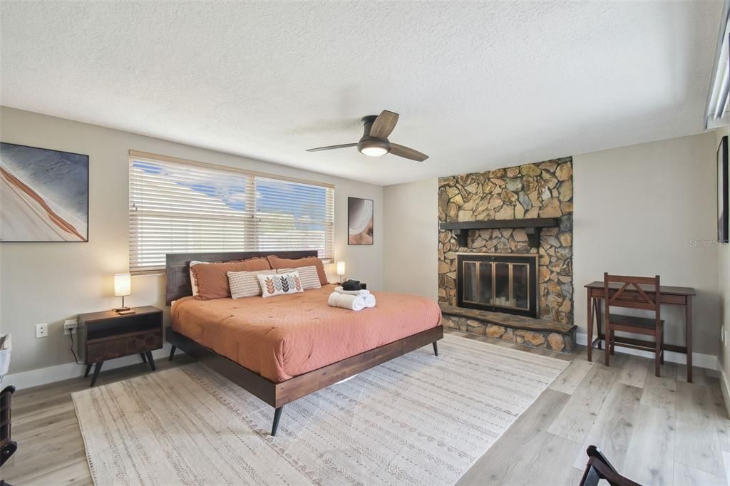 Bedroom, Fireplace, Interior, Stone Walls, Wood Texture Flooring