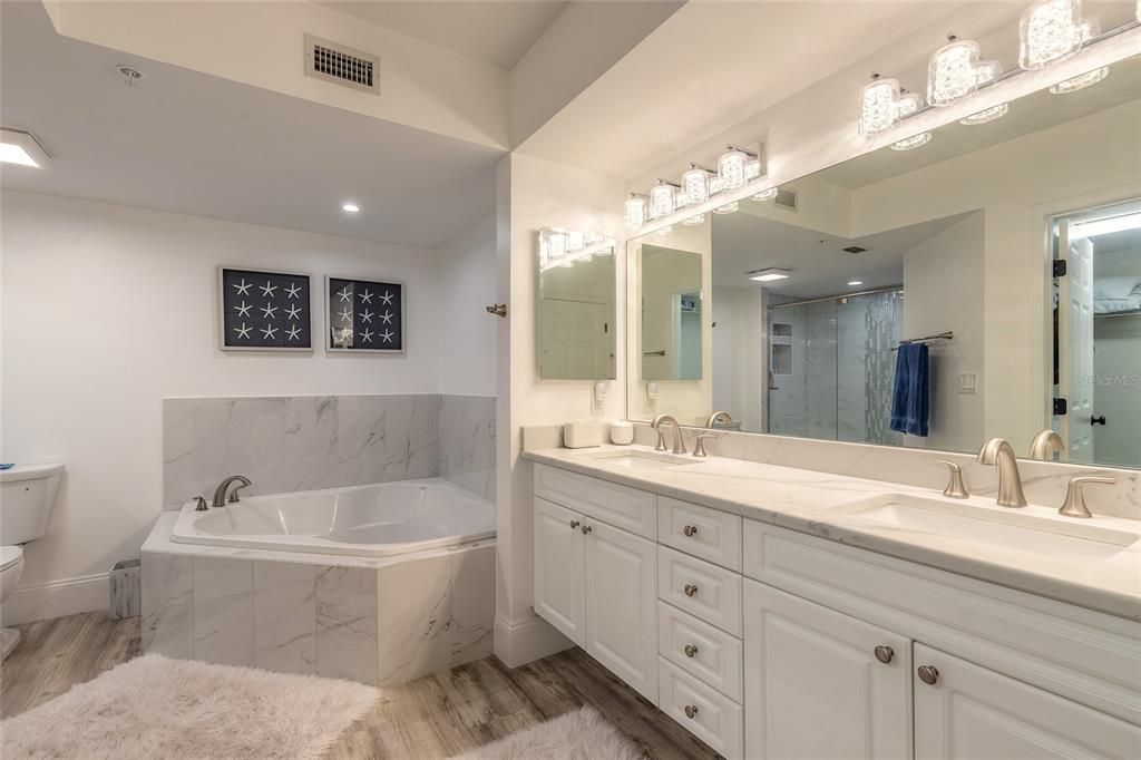 Bathroom, Dual Sink Vanities, Interior, Recessed Lighting, Wood Texture Flooring