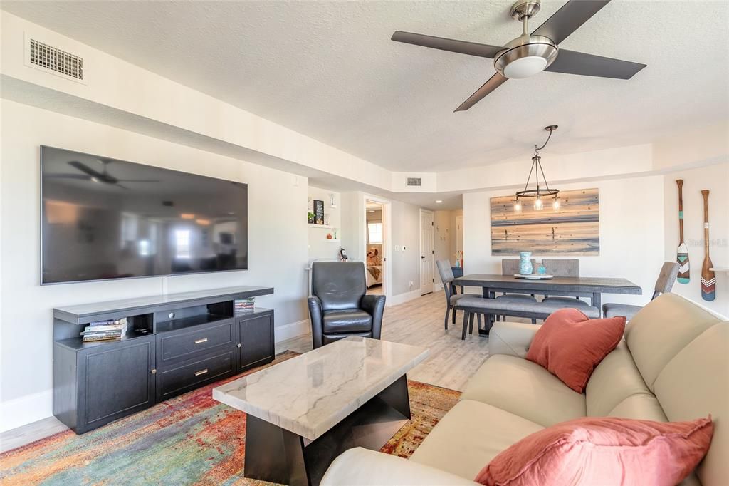 Dining room, Interior, Living room, Pendant Lights, Wood Texture Flooring