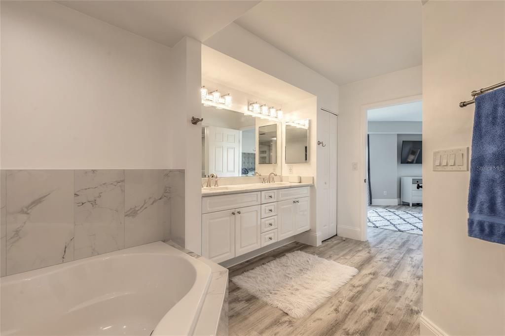 Bathroom, Interior, Marble Walls, Wood Texture Flooring