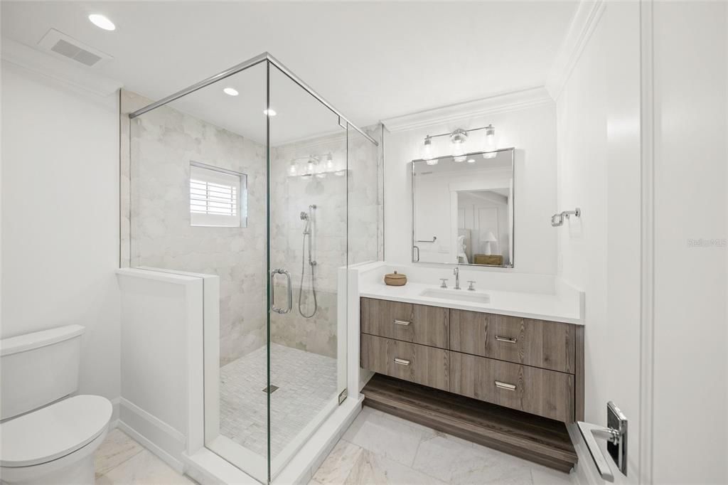Bathroom, Glass Shower, Interior, Marble, Marble Walls, Recessed Lighting