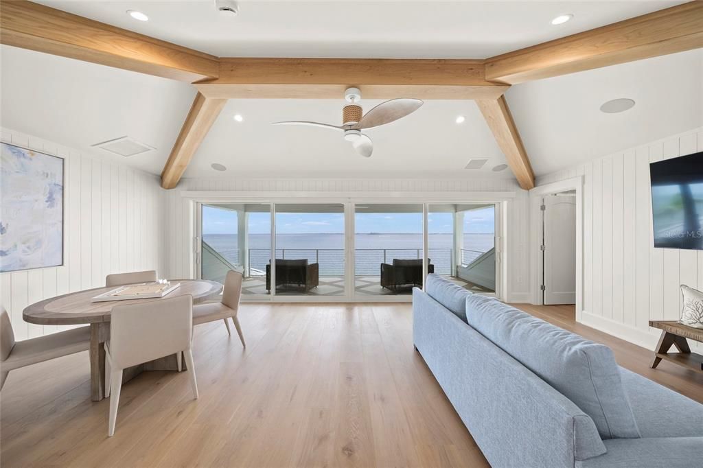 Dining room, Interior, Recessed Lighting, Water, Wooden Beams, Wood Texture Flooring