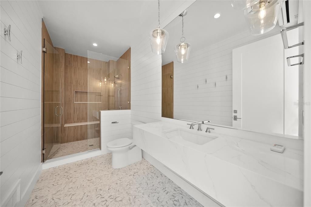 Bathroom, Glass Shower, Interior, Marble, Pendant Lights, Recessed Lighting
