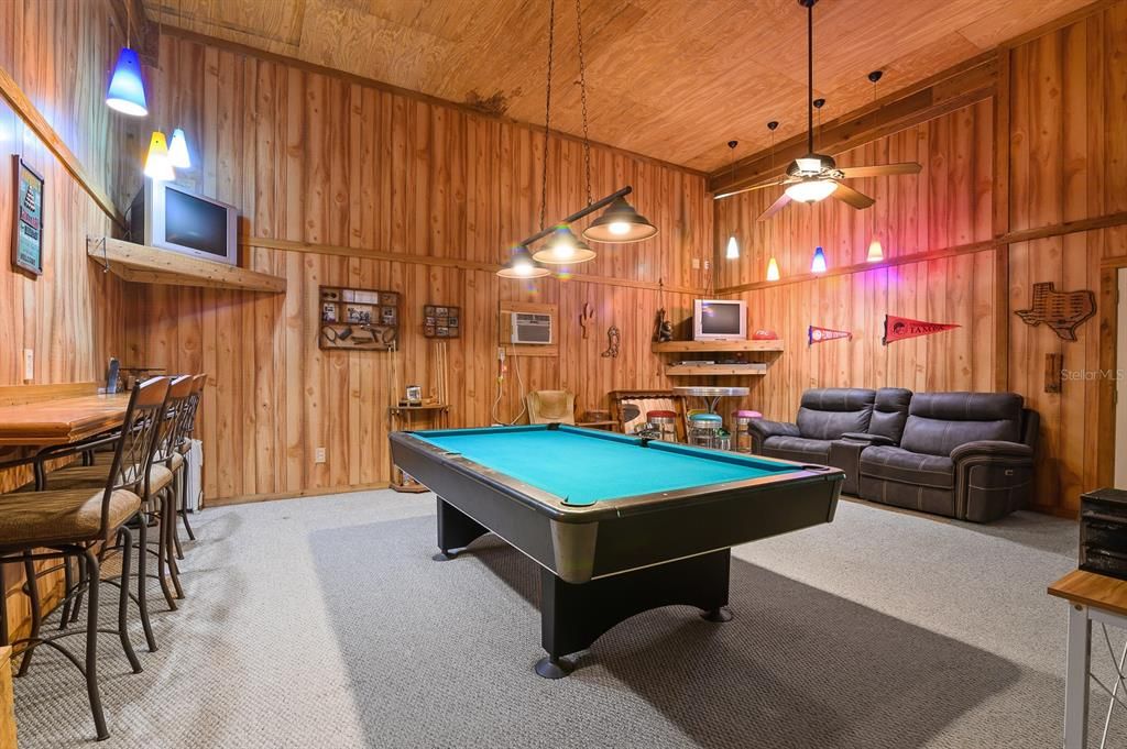 Billiard Table, Game Room, Interior, Pendant Lights, Wooden Ceilings, Wooden Walls