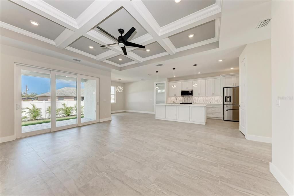 Empty room, Interior, Kitchen, Pendant Lights, Recessed Lighting, Stainless Steel Appliances