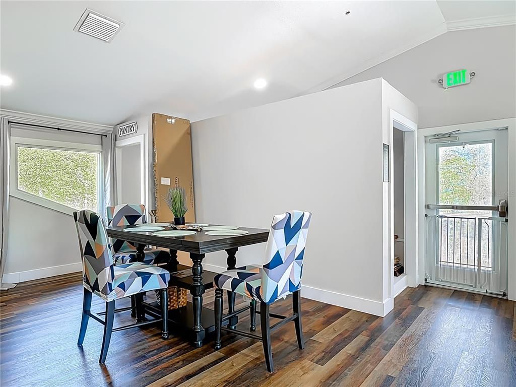 Dining room, Interior, Recessed Lighting, Wood Texture Flooring