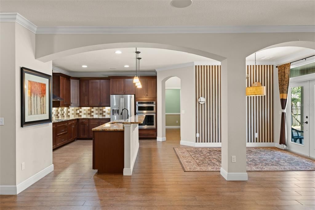 Interior, Kitchen, Pendant Lights, Recessed Lighting, Stainless Steel Appliances, Wood Texture Flooring