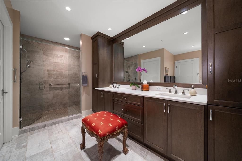 Bathroom, Dual Sink Vanities, Glass Shower, Interior, Recessed Lighting