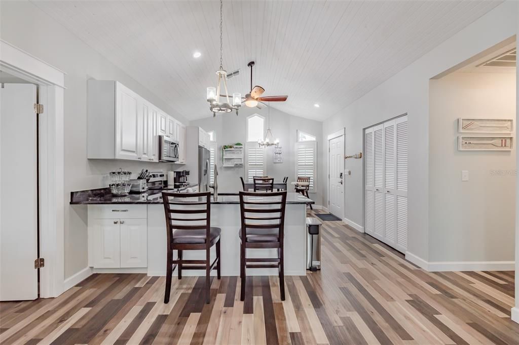 Chandelier, Interior, Kitchen, Pendant Lights, Recessed Lighting, Wood Texture Flooring