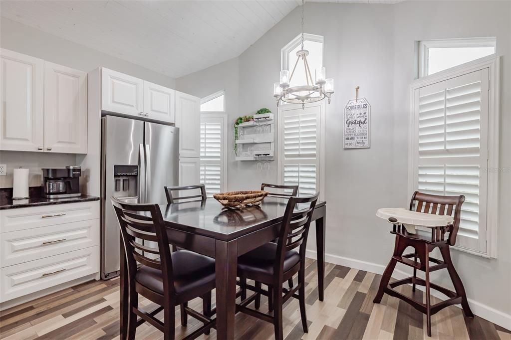 Dining room, Interior, Kitchen, Pendant Lights, Stainless Steel Appliances, Wood Texture Flooring