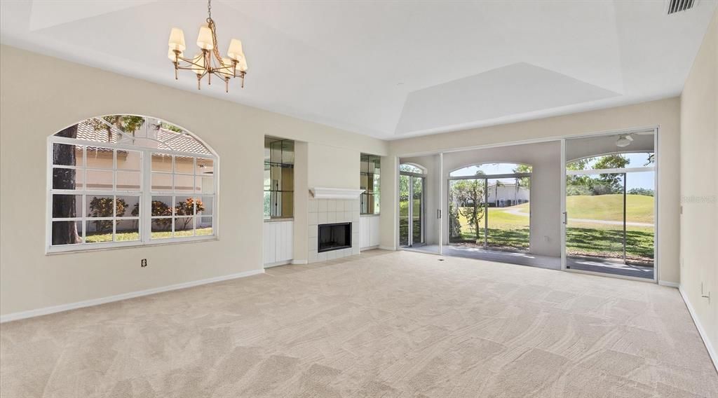 Chandelier, Empty room, Fireplace, Interior