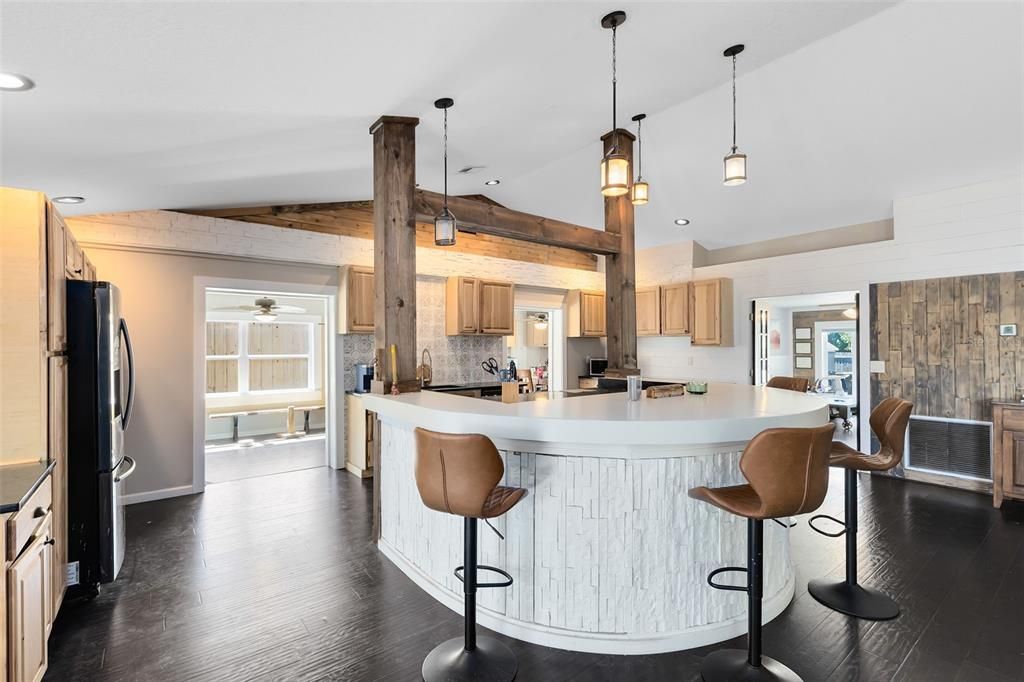 Interior, Kitchen, Pendant Lights, Recessed Lighting, Wooden Beams, Wood Texture Flooring, Wooden Walls