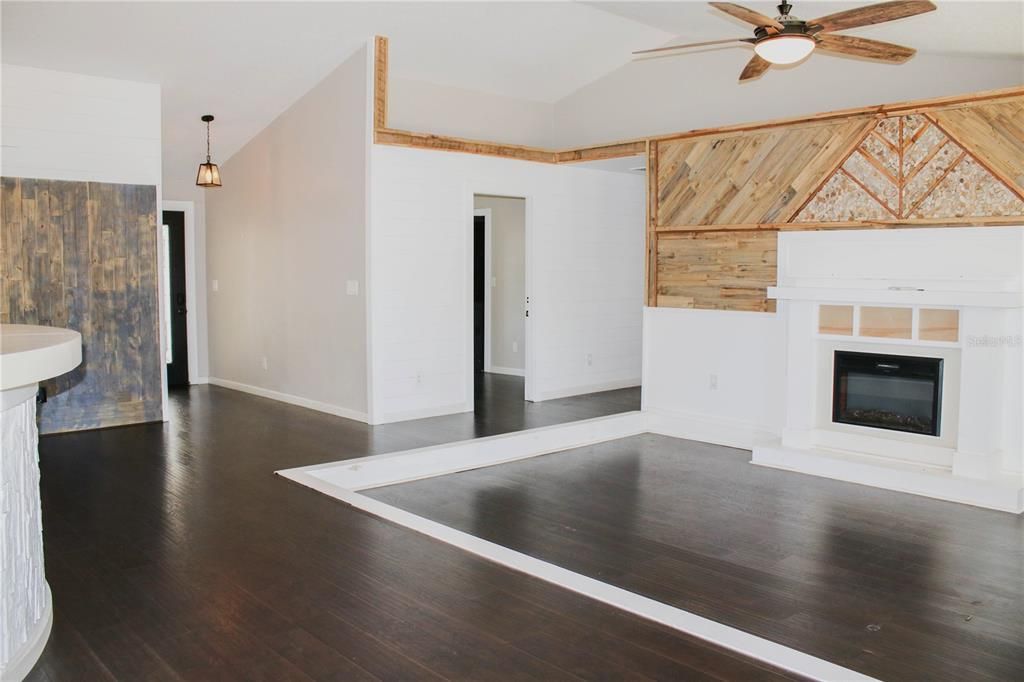 Empty room, Fireplace, Interior, Pendant Lights, Wood Texture Flooring, Wooden Walls