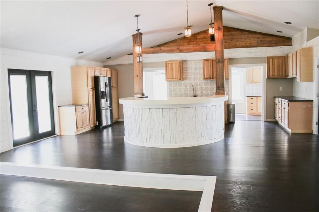Interior, Kitchen, Pendant Lights, Recessed Lighting, Wooden Beams, Wood Texture Flooring
