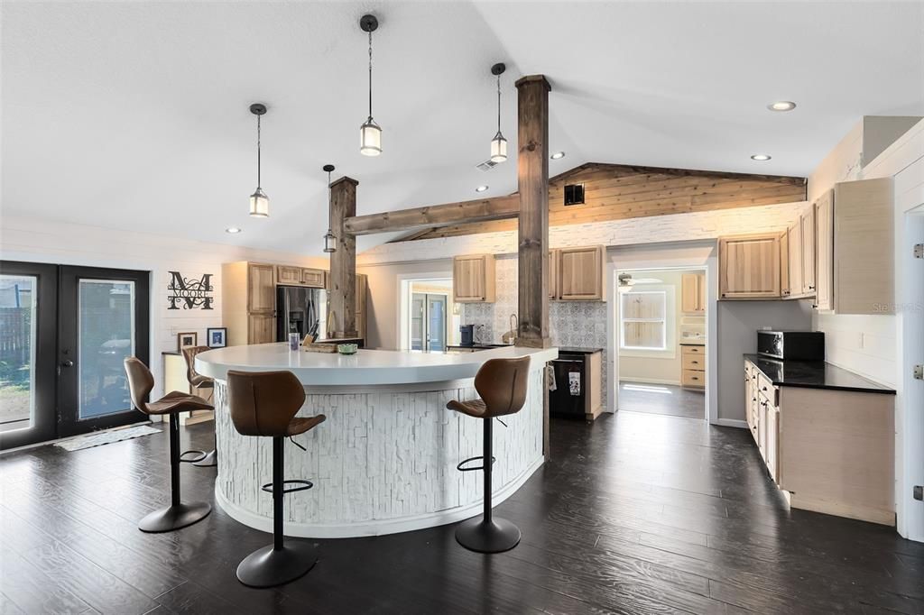 Interior, Kitchen, Pendant Lights, Recessed Lighting, Wooden Beams, Wooden Ceilings, Wood Texture Flooring