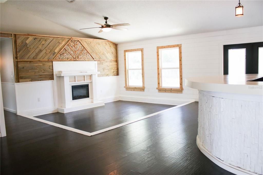 Empty room, Fireplace, Interior, Wood Texture Flooring, Wooden Walls
