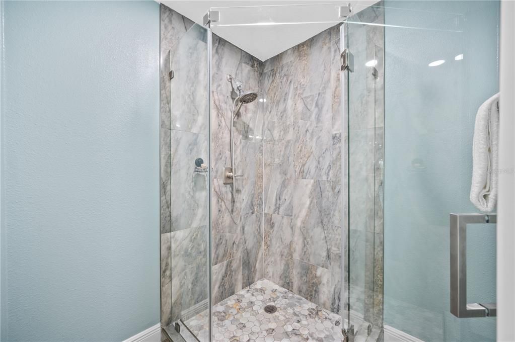 Bathroom, Glass Shower, Interior, Marble Walls, Recessed Lighting