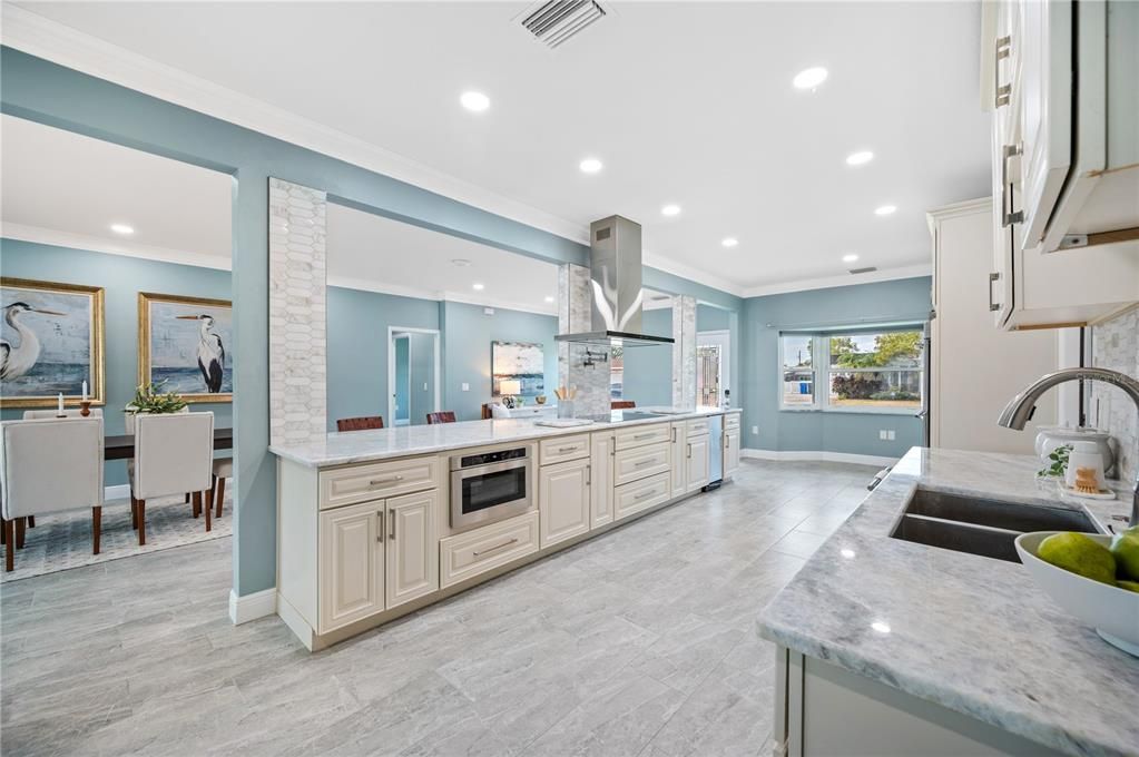 Dining room, Interior, Kitchen, Recessed Lighting, Stainless Steel Appliances, Wood Texture Flooring